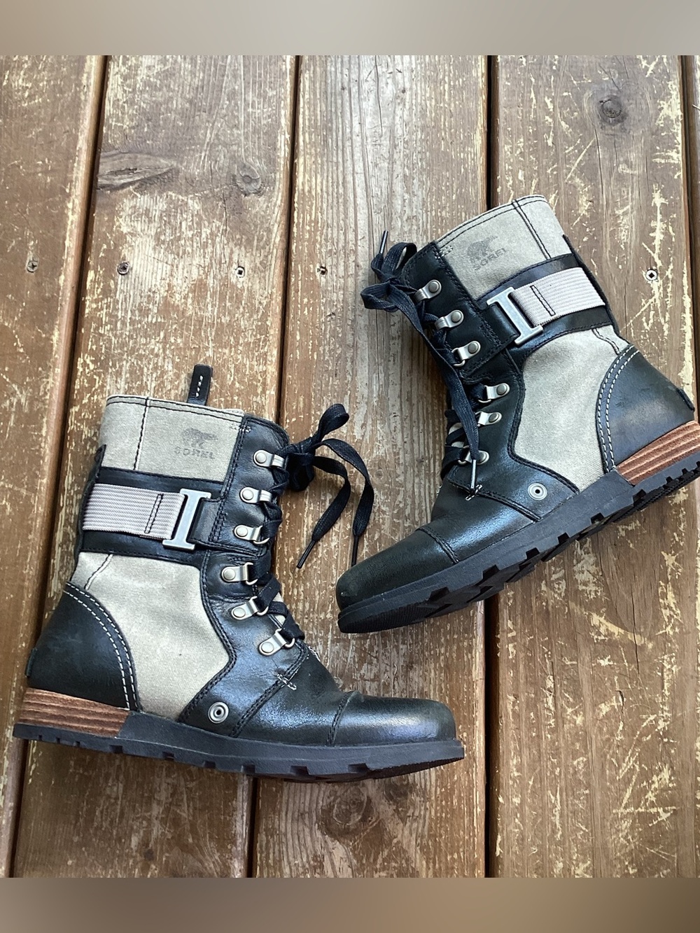 Sorel Major Carly Grey Canvas Leather Mid Strappy Ankle Boots Womens 7